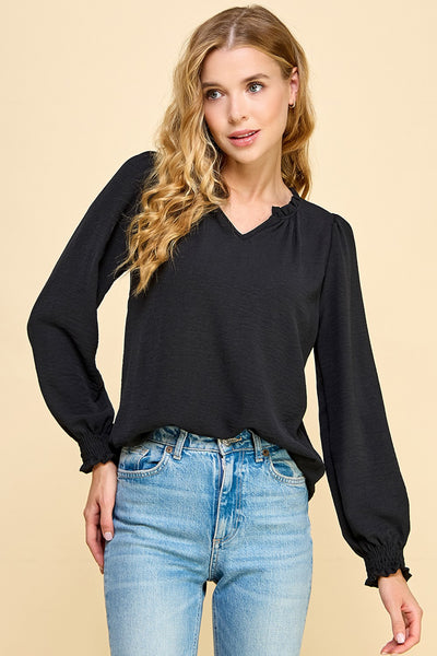 Solid Top with Ruffled V Neck Detail - multi colors