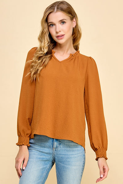 Solid Top with Ruffled V Neck Detail - multi colors