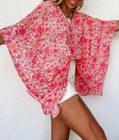 Whimsical Bloom V-Neck Kimono Blouse